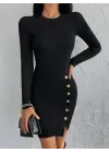 Kadın Siyah Uzun Kollu Bisiklet Yaka Yan Yırtmaç Düğme Detay Kısa Kaşkorse Elbise