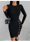 Kadın Siyah Uzun Kollu Bisiklet Yaka Yan Yırtmaç Düğme Detay Kısa Kaşkorse Elbise