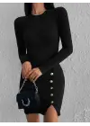 Kadın Siyah Uzun Kollu Bisiklet Yaka Yan Yırtmaç Düğme Detay Kısa Kaşkorse Elbise