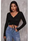 Omarı Siyah Crop Top Bluz