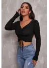 Omarı Siyah Crop Top Bluz