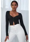 Kadın Siyah Uzun Kollu Düğmeli Göğüs ve Göbek Dekolteli Crop Top Bluz