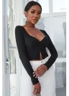 Kadın Siyah Uzun Kollu Düğmeli Göğüs ve Göbek Dekolteli Crop Top Bluz