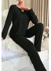Kadın Siyah Uzun Kollu Fiyonklu Yuvarlak Yaka Mevsimlik Pijama Takımı
