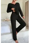 Kadın Siyah Uzun Kollu Fiyonklu Yuvarlak Yaka Mevsimlik Pijama Takımı