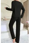 Kadın Siyah Uzun Kollu Fiyonklu Yuvarlak Yaka Mevsimlik Pijama Takımı