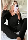 Kadın Siyah Uzun Kollu Fiyonklu Yuvarlak Yaka Mevsimlik Pijama Takımı