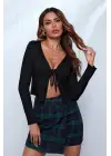 Omarı Siyah Uzun Kollu Bağcıklı Crop Top Bluz