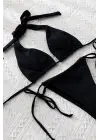 Omarı Şık Siyah Bağlamalı Üçgen Bikini Mayo