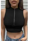 Omarı Siyah Yarım Fermuarlı Crop Top Bluz