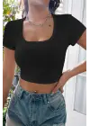 Omarı Siyah Yarım Kol Crop Top Bluz
