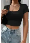 Omarı Siyah Yarım Kol Crop Top Bluz