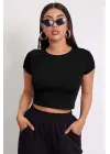 Omarı Siyah Yuvarlak Yaka Crop Top Bluz