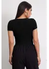 Omarı Siyah Yuvarlak Yaka Crop Top Bluz