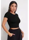 Omarı Siyah Yuvarlak Yaka Crop Top Bluz