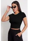 Omarı Siyah Yuvarlak Yaka Crop Top Bluz