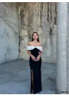 Kadın Taş Detay Straplez Yırtmaçlı Elbise