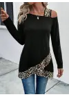 Kadın Tek O Uzdan Açık Askılı Uzun Kollu Leopar Detaylı Viskon Bluz