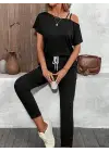 Kadın Tek Omuzdan Açık Viskon Iki Iplik Bluz Bağcıklı Pantolon Ikili Takım