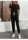 Kadın Tek Omuzdan Açık Viskon Iki Iplik Bluz Bağcıklı Pantolon Ikili Takım