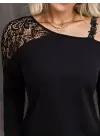 Kadın Tek Omuzu Açık Askılı Dantelli Viskon Bluz