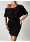 Kadın Tek Omuzu Açık Büzgülü Kısa Sandy Elbise