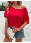 Kadın Tek Omuzu Açık Kısa Kollu Salaş Viskon Bluz