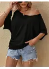 Kadın Tek Omuzu Açık Kısa Kollu Salaş Viskon Bluz