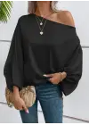 Kadın Tek Omuzu Açık Uzun Kollu Salaş Sandy Bluz