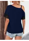 Kadın Tek Omuzu Askılı Kısa Kollu Toka Detaylı Dantelli Viskon Bluz