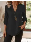 Kadın Truvakar Kol V Yakalı Keten Bluz