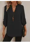 Kadın Truvakar Kol V Yakalı Keten Bluz