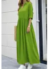 Kadın Truvakar Kollu V Yakalı Yırtmaçlı Uzun Aerobin Elbise