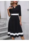 Kadın Truvakarkol Yakası Açık Blok Renkli Krep Midi Elbise