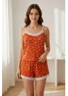 Kadın Turuncu Kalp Desenli Askılı Şortlu Dantelli Pijama Takımı