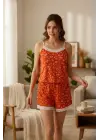 Kadın Turuncu Kalp Desenli Askılı Şortlu Dantelli Pijama Takımı