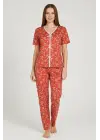 Kadın Turuncu Kalp Desenli Fiyonklu Kısa Kollu Uzun Pijama Takımı