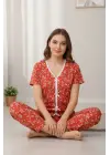 Kadın Turuncu Kalp Desenli Fiyonklu Kısa Kollu Uzun Pijama Takımı