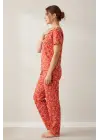 Kadın Turuncu Kalp Desenli Fiyonklu Kısa Kollu Uzun Pijama Takımı