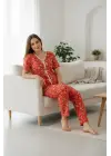 Kadın Turuncu Kalp Desenli Fiyonklu Kısa Kollu Uzun Pijama Takımı