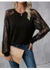 Kadın Uzun Dantel Kollu Bisiklet Yaka Viskon Bluz