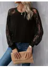 Kadın Uzun Dantel Kollu Bisiklet Yaka Viskon Bluz