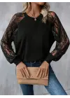 Kadın Uzun Dantel Kollu Bisiklet Yaka Viskon Bluz