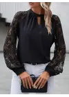 Kadın Uzun Dantel Kollu Yuvarlak Yakalı Sandy Bluz