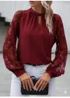 Kadın Uzun Dantel Kollu Yuvarlak Yakalı Sandy Bluz