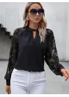 Kadın Uzun Dantel Kollu Yuvarlak Yakalı Sandy Bluz