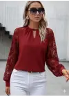 Kadın Uzun Dantel Kollu Yuvarlak Yakalı Sandy Bluz