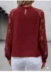 Kadın Uzun Dantel Kollu Yuvarlak Yakalı Sandy Bluz