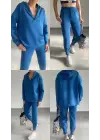 Kadın Uzun Kol V Yaka Kapüşon Detay Sweat Ve Yüksel Bel Eşofman Ikili Takım