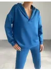 Kadın Uzun Kol V Yaka Kapüşon Detay Sweat Ve Yüksel Bel Eşofman Ikili Takım